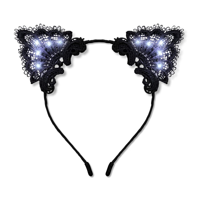 FlashingBlinkyLights Black Lace Light Up Kitty Cat Ears Headband with White LEDs - Image 1